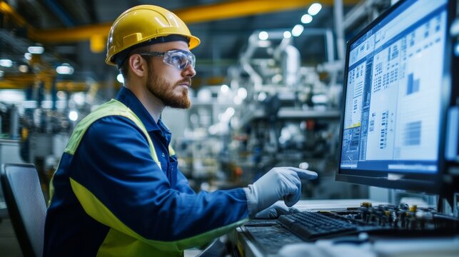 An engineer on a factory floor, solving technical problems with the help of advanced machinery and software