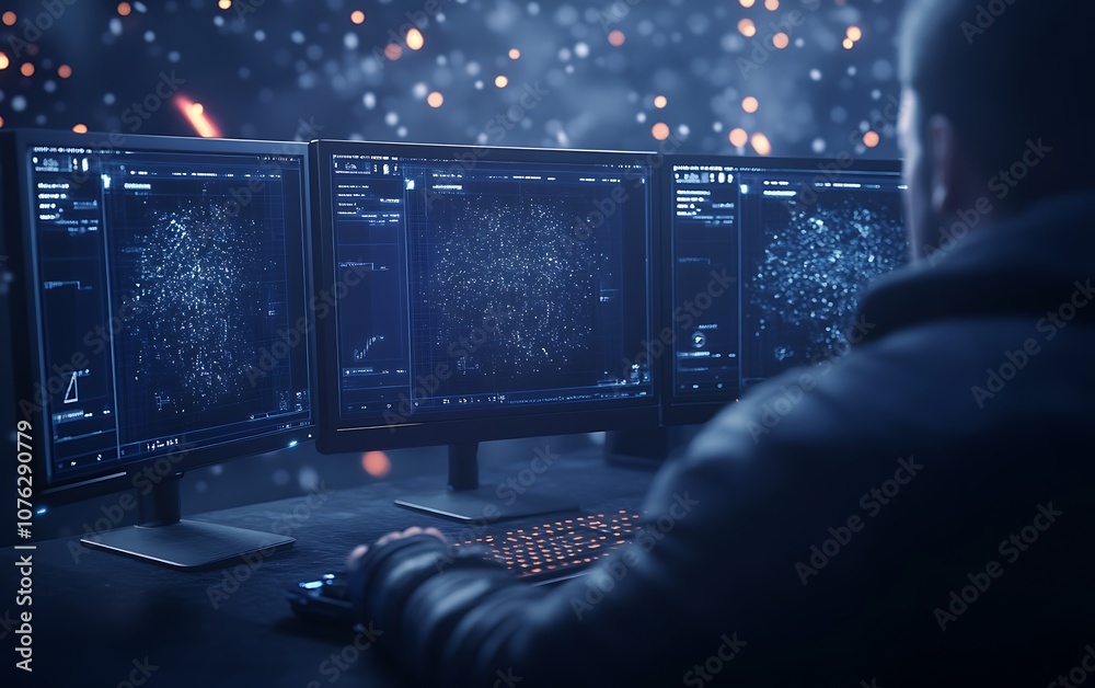 Poster a person operates multiple monitors displaying intricate digital networks, immersed in a high-tech e