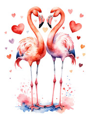 Obraz premium Watercolor a couple of cute pink flamingos. Valentine's Day card. Greeting background for postcards.