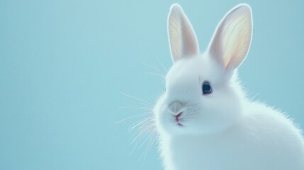 Obraz premium A little white rabbit, portrait, with a slight granular texture, a sense of fluffy hair, a light sky blue background, bright,, matte texture, bright, high-definition, 8k, Ultra-flat, Ultra-flat. 
