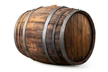 Classic rustic wooden barrel with metal bands and aged wood grain isolated on white