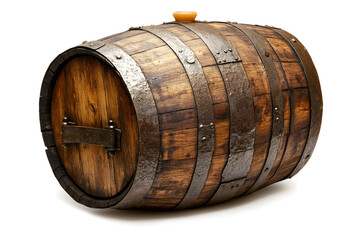 Weathered rustic wooden barrel with metal bands and aged wood grain on white background