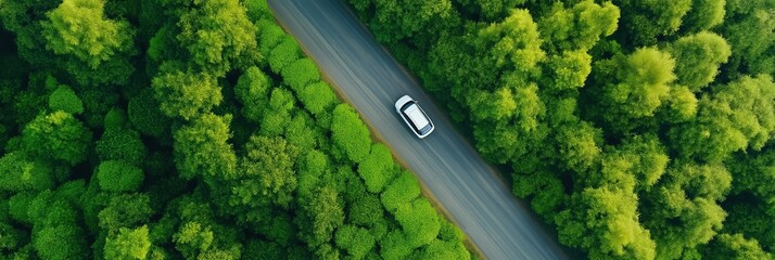 A car is driving down a road surrounded by trees. The car is white and is in the middle of the road. The trees are green and are all around the car
