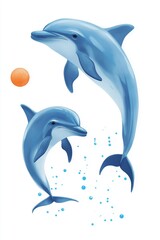 Image of Two dolphins jumping in the air with a ball in the background. Scene is playful and joyful printed on Printed Aluminium Shower Panels