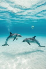 Image of Two dolphins swimming in the ocean. The water is blue and the sky is white. The dolphins are close to each other and seem to be enjoying their time in the water printed on Printed Glass Basin Splashbacks