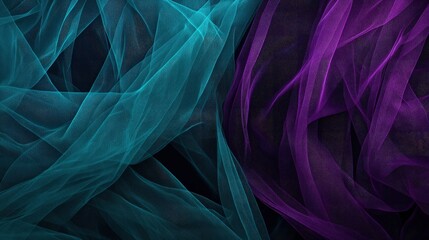 Fototapeta premium Rich purple, teal, and midnight blue tulle, gently cascading with curves against a deep black background, creating a luxurious, elegant texture,
