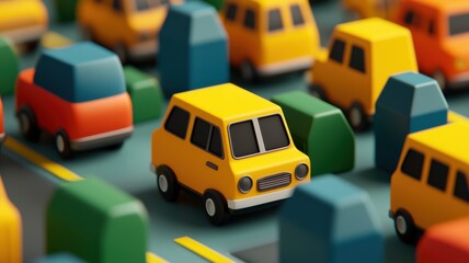 A colorful, playful illustration of miniature cars in a traffic scene, featuring various yellow and blue vehicles surrounded by green blocks.