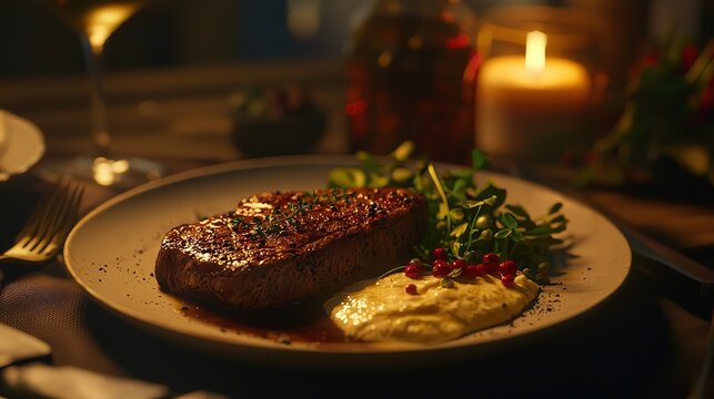 A mouthwatering ribeye steak rests on the plate, showcasing a perfectly seared exterior that conceals a succulent and tender interior.