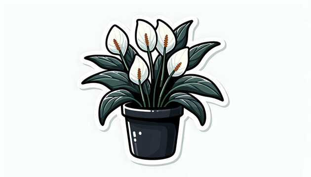 Sticker of a potted peace lily with white elegant flowers in a sleek black pot isolated on white tr2