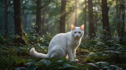 white cat in the woods