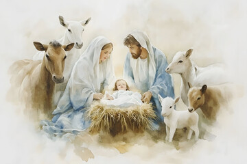 Watercolor Christmas nativity scene illustration