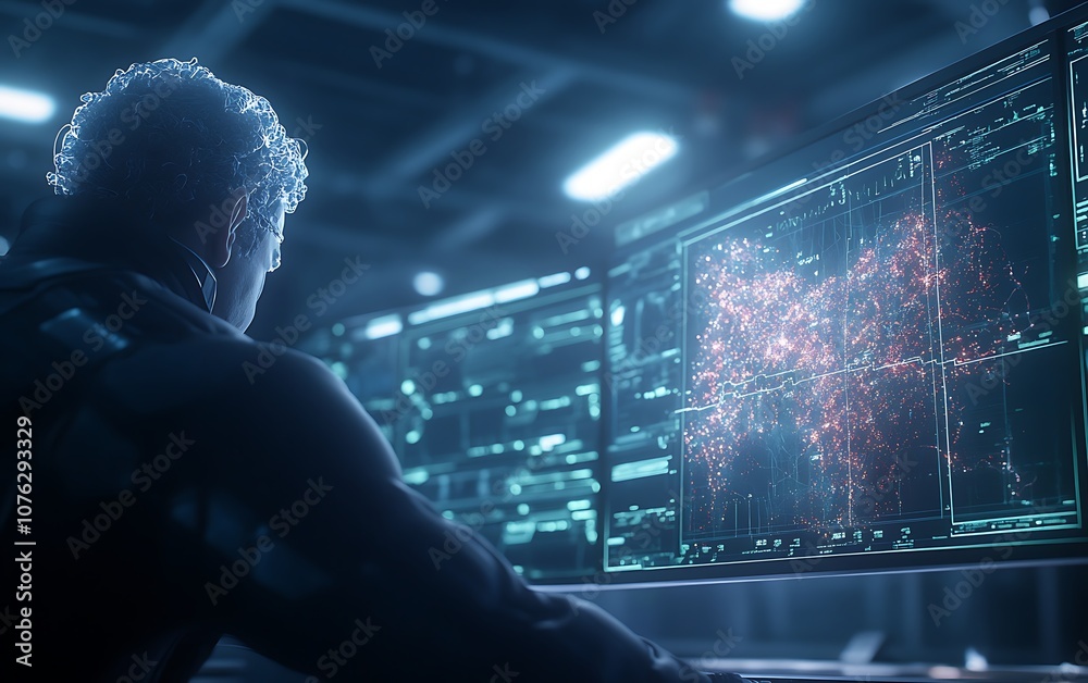 Poster A person observes complex data visuals on multiple screens in a high-tech environment, suggesting a focus on analytics or programming.