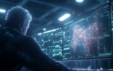 A person observes complex data visuals on multiple screens in a high-tech environment, suggesting a focus on analytics or programming.