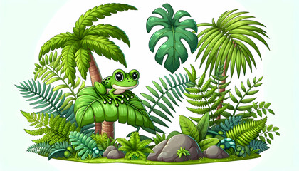 Naklejka premium Jungle scene with cartoon-style ferns palm fronds and a playful frog sitting on a large leaf isola2