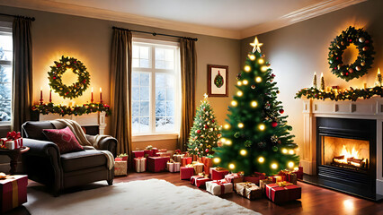 A beautifully decorated Christmas tree with glowing ornaments, presents underneath, and a cozy ambiance.