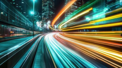 Obraz premium Dynamic Nighttime Cityscape with Vibrant Light Trails and Skyscrapers Showcasing Modern Urban Life and Motion in a Bustling Metropolis Setting
