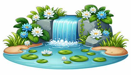 Cartoon-style illustration of a small waterfall cascading into a serene lake with floating white a2