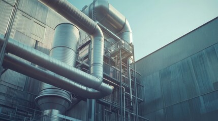 Naklejka premium Industrial Facility with Metallic Pipes and Structures under Clear Blue Sky, Showcasing Modern Infrastructure and Equipment for Manufacturing Processes
