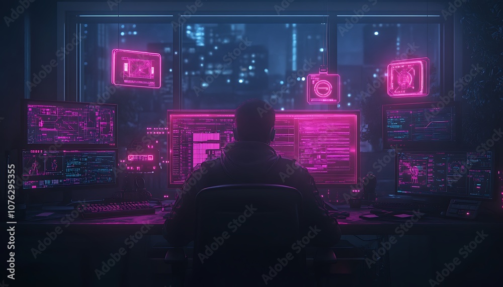 Aufkleber A silhouetted figure sits in front of multiple glowing screens, immersed in a cyberpunk atmosphere illuminated by pink neon lights.