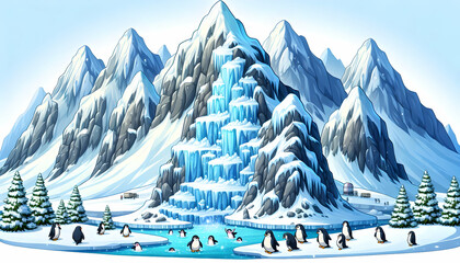A large snowy mountain range with an icy waterfall and a group of penguins playing nearby isolated 4