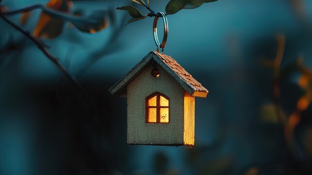 A small wooden house keychain hangs from a tree branch with a warm light glowing from its window.