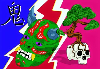 Japanese oni mask with bonsai and skull