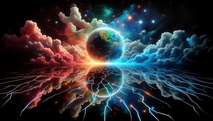 Earth Background, Colorful Landscape with Neon Lights, Bright and Tranquil Nature, for Home Decor, YouTube Thumbnail, Design, Music Cover Art, 4K Wallpaper