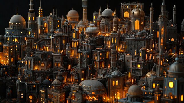 A model of a city with a clock tower. This concept fantasy architecture and building
