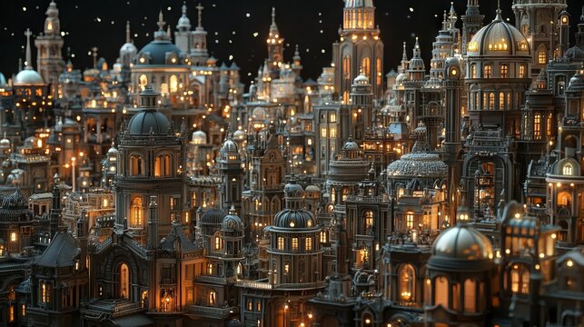 A model of a city with a clock tower. This concept fantasy architecture and building