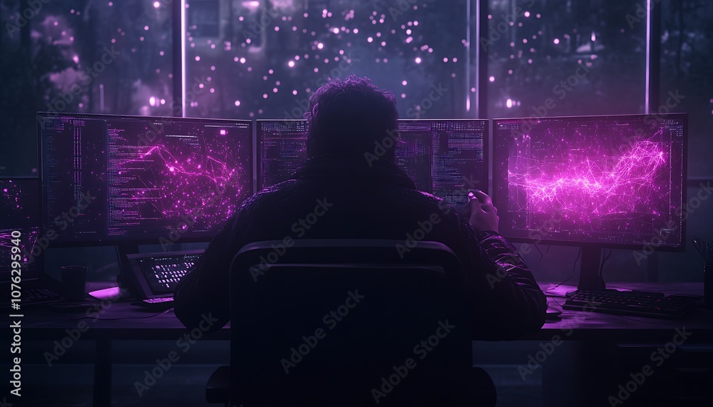 Poster A mysterious figure sits in front of multiple glowing screens, surrounded by a cosmic backdrop, suggesting themes of technology and exploration.