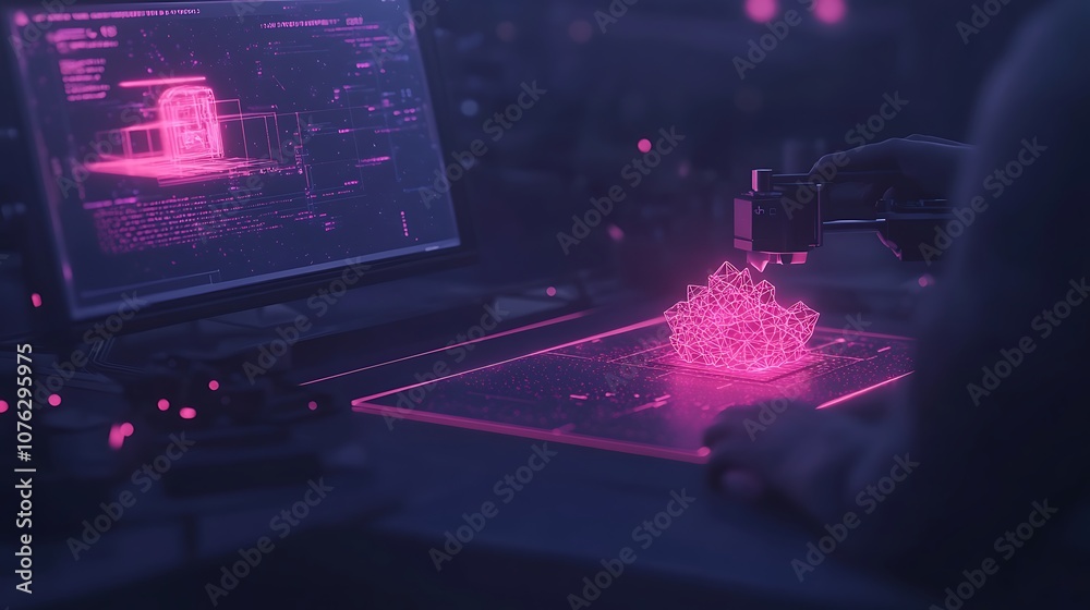 Poster a digital artist crafts glowing pink visuals on a computer, depicting high-tech processes in a dark,