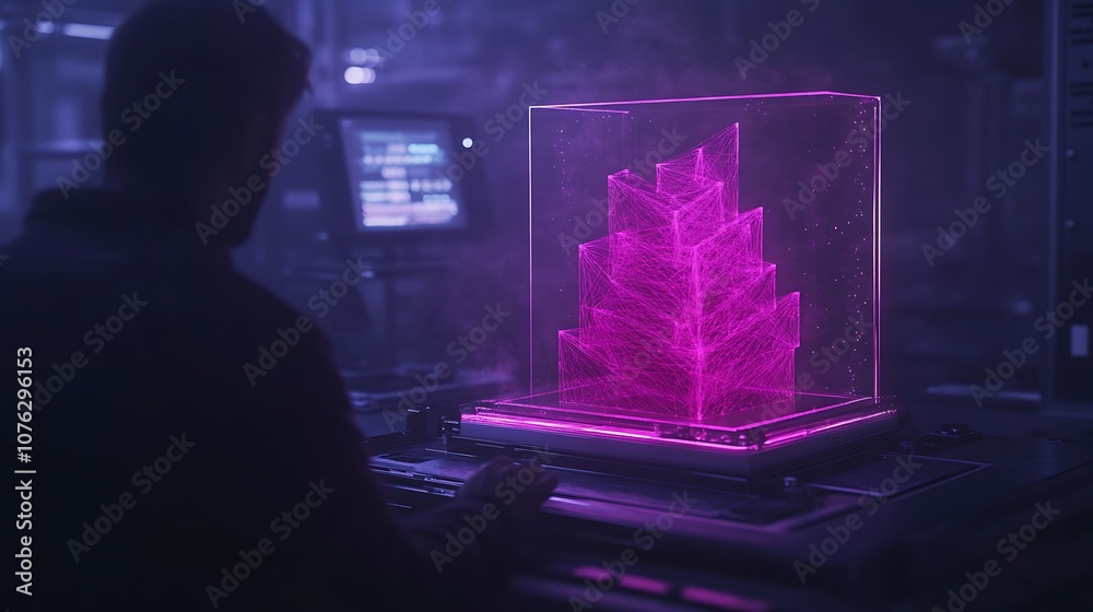 Poster A mysterious, tech-inspired scene featuring a person interacting with a glowing, holographic structure in a dark, digital environment.
