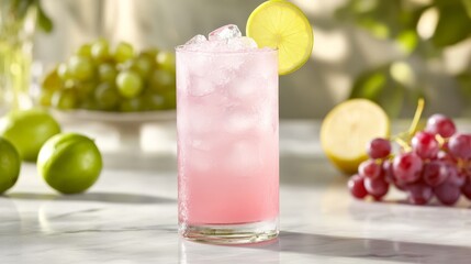 Refreshing Pink Grapefruit Soda with Lime and Ice in Glass on Marble Surface