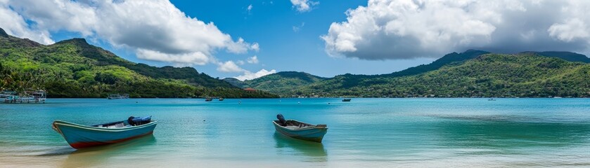 Naklejka premium Tropical Island Bay with Boats and Lush Green Hills