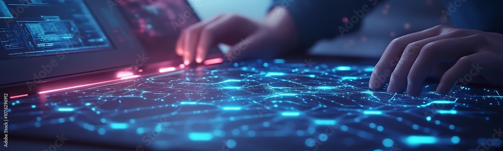 Poster A close-up of hands interacting with a glowing digital interface, showcasing interconnected nodes and vibrant colors, suggesting advanced technology and data visualization.