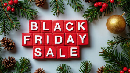 A cozy flat lay scene with the words Black Friday Sale on red wooden blocks, surrounded by lush green pine branches, pine cones, and red berries