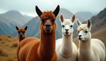 Naklejka premium A group of Alpacas in a field gazing at the camera with copy space