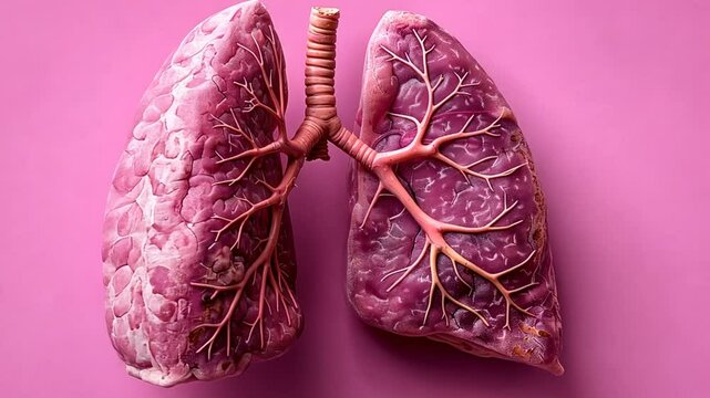 A realistic anatomical representation of human lungs set against a vibrant pink backdrop, highlighting the intricate structure and branching bronchi, emphasizing respiratory health