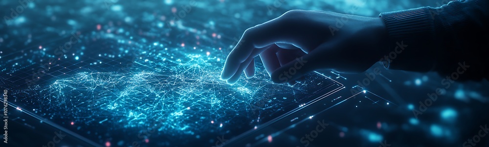 Poster A hand reaches towards a digital interface, surrounded by glowing particles, symbolizing technology and interaction in a futuristic setting.