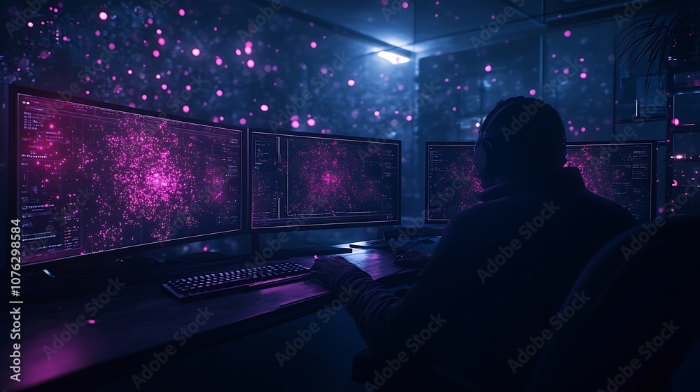 Poster A figure is silhouetted against multiple glowing monitors displaying abstract digital visuals in a dark room, creating a futuristic atmosphere.