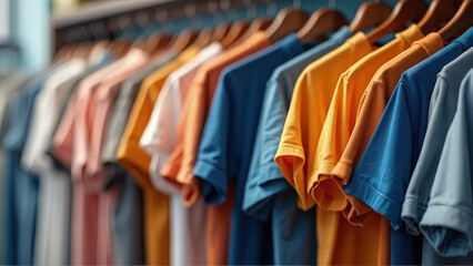 Fototapeta premium Photorealistic collection of t-shirts displayed for a Black Friday sale. The background has a soft blur, emphasizing the shirts with ample copy space for text