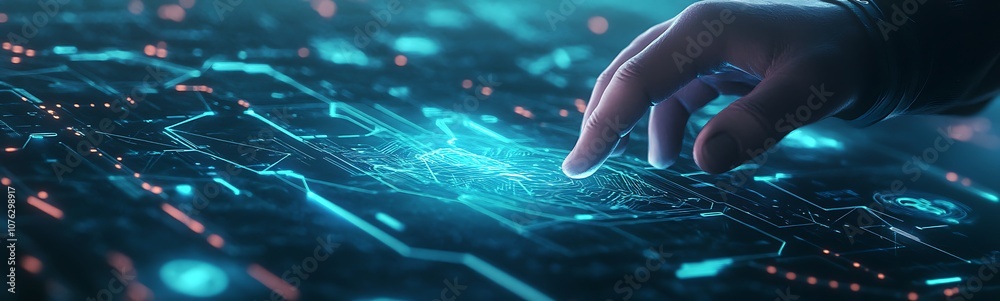 Poster A hand reaches towards a glowing digital surface, showcasing a futuristic interface illuminated with blue lights and intricate circuitry.