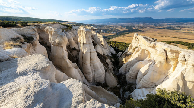 Breathtaking landscape of unique white rock formations resembling fairy chimneys in a natural canyon setting with a distant view of lush greenery and expansive plains under a blue sky with clouds.