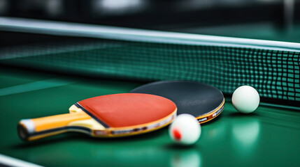 Close-up of two ping pong paddles and a ball on a green table with a net, focusing on table tennis equipment.