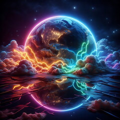 Earth Background, Colorful Landscape with Neon Lights, Bright and Tranquil Nature, for Home Decor, YouTube Thumbnail, Design, Music Cover Art, 4K Wallpaper