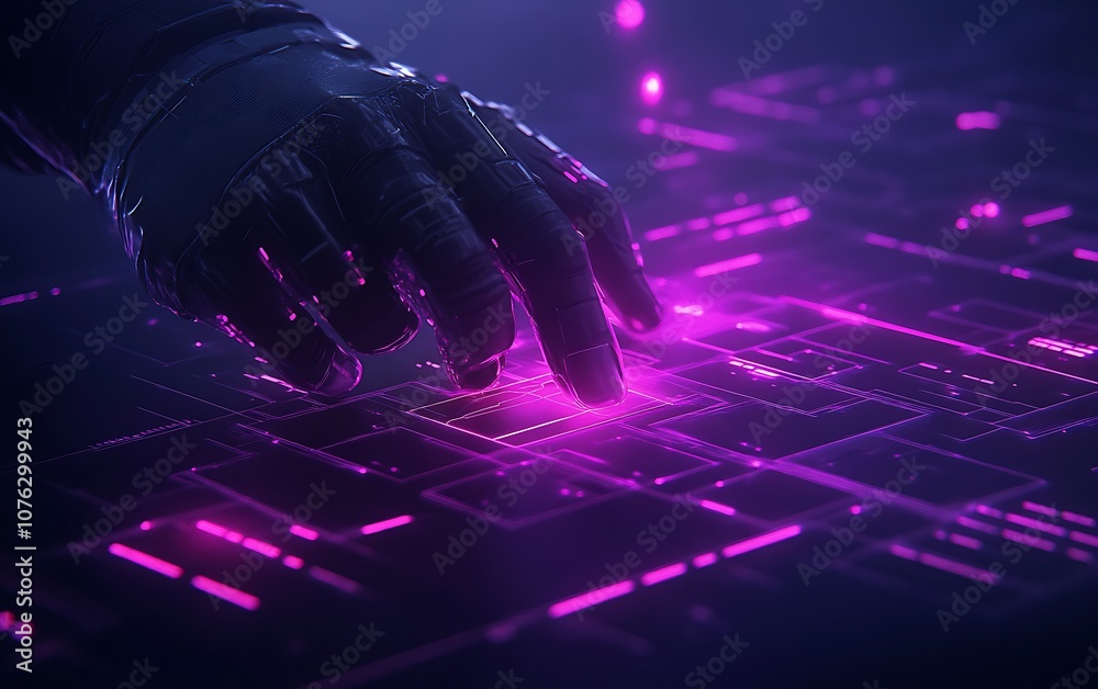Poster a futuristic hand interacts with a glowing digital interface, featuring vibrant purple lights and in