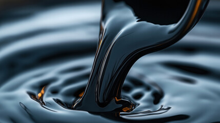 Close-up of thick black liquid pouring with texture and reflections, resembling oil or dark syrup, creating ripples and waves on the surface.