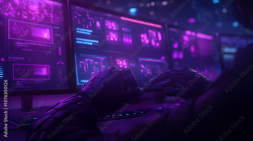 Aufkleber A tech-themed image featuring vibrant purple lighting, showcasing a person interacting with multiple screens filled with data and graphics.
