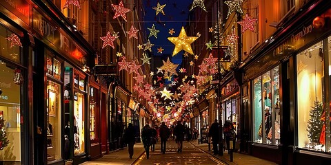 Naklejka premium Carnaby Street with Colorful Christmas Lights and Starry Decorations