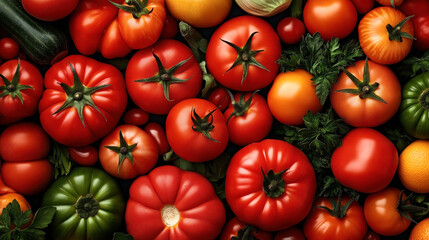 Assorted fresh tomatoes and herbs arranged closely together, featuring red, green, and orange varieties with leafy greens for a vibrant and colorful display of vegetables.